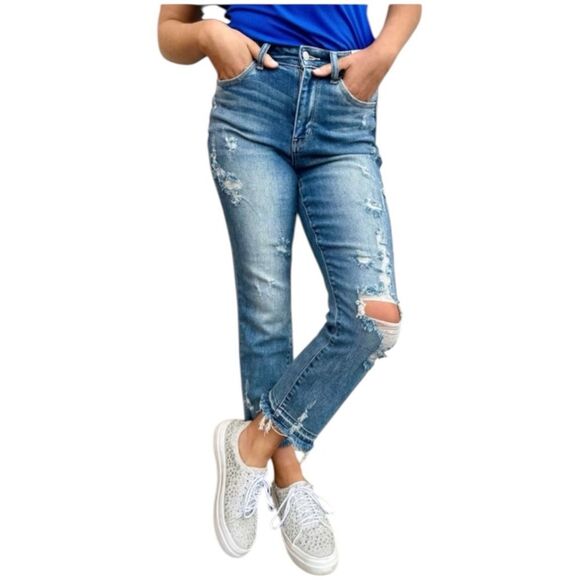 Judy Blue size 5/27 high waisted straight leg distressed jeans. style JB82436MD - Picture 1 of 11